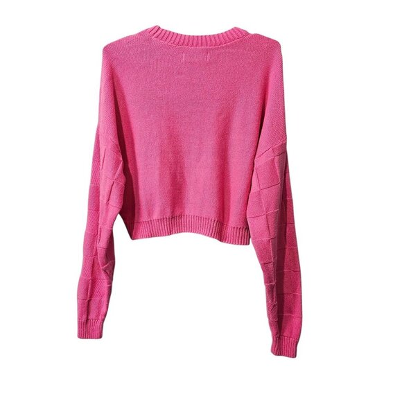 Hollister Knit Long Sleeve Woven Crew Neck Cotton Cropped Pink Sweater - Picture 4 of 9